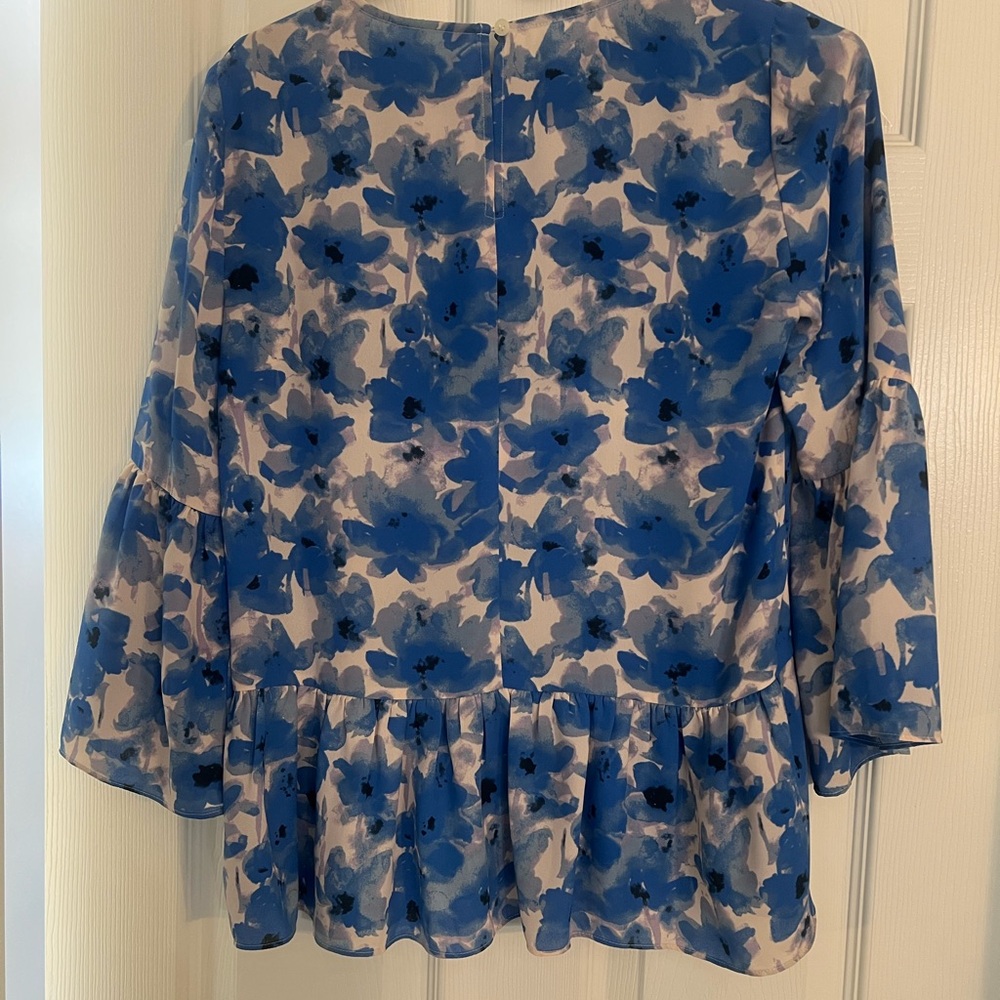 J. Crew Blue and White Ruffled Peplum Blouse